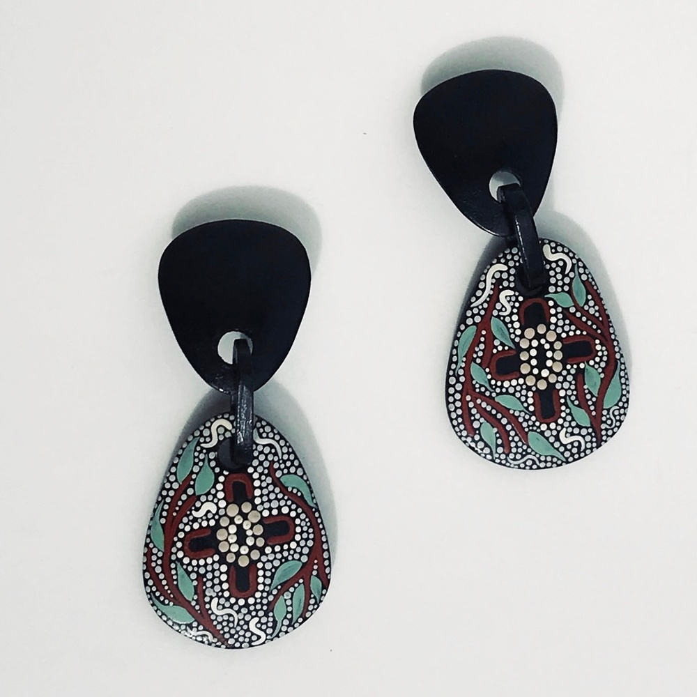 Aboriginal pattern clip-on earrings, vintage